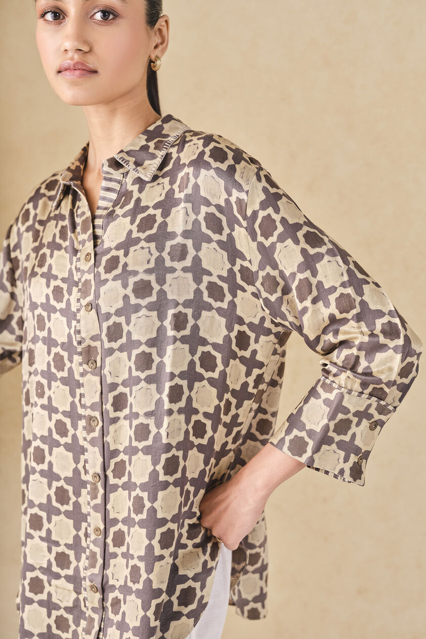 Halidrys Handcrafted Ajrakh Silk Top - Grey, Grey, image 7